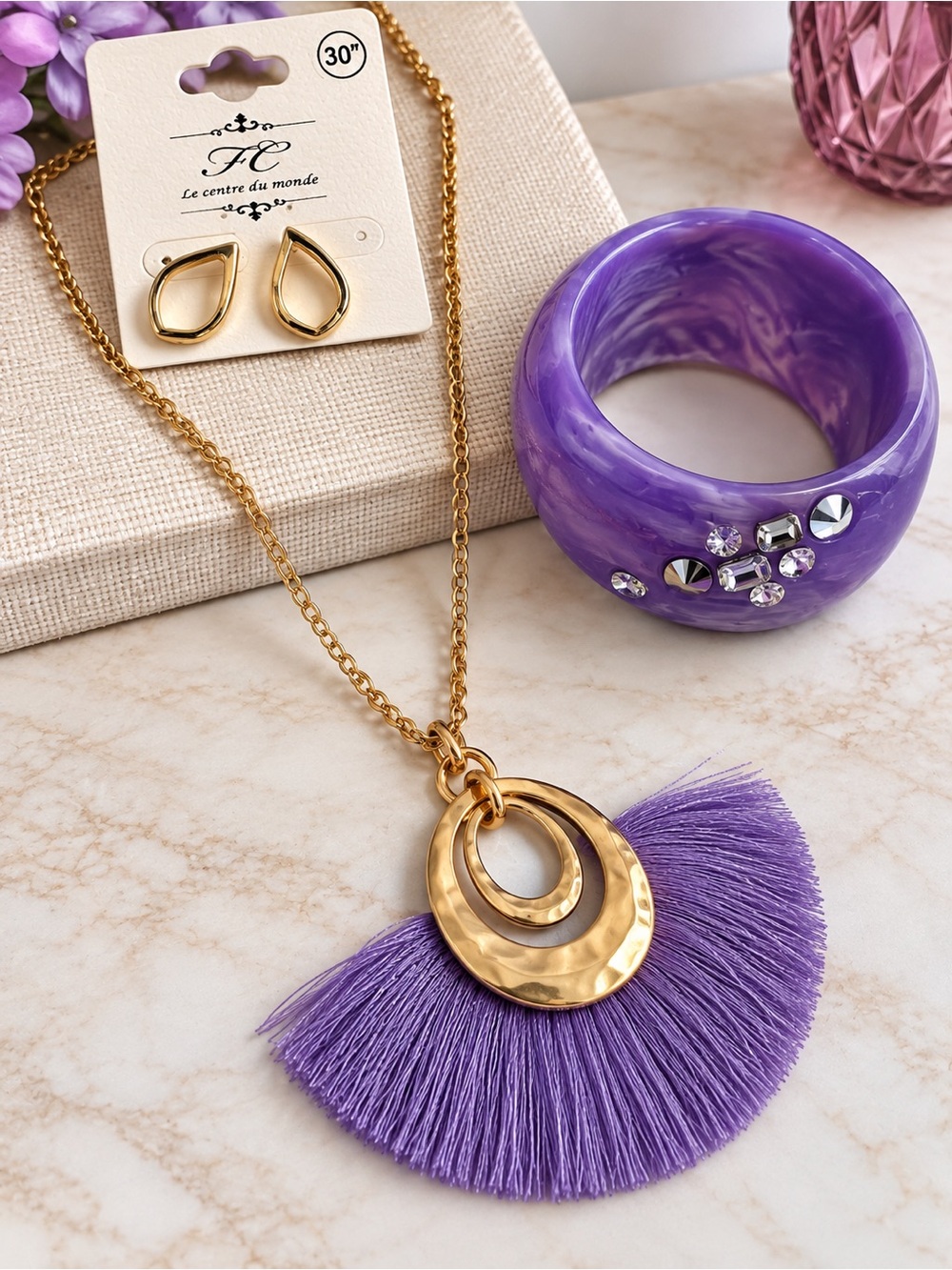 Purple & Gold Boho Jewelry Set – Necklace, Earrings & Bangle (BX1)